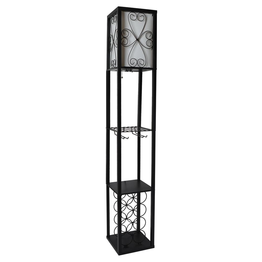 Simple Designs 62 75 In Black Floor Lamp Etagere Organizer Storage Shelf And Wine Rack With Linen Shade