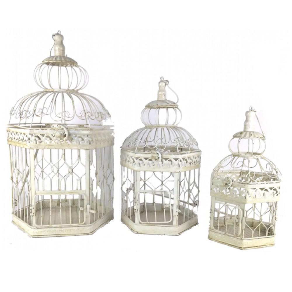 Antique White Decorative French Style Steel Bird Cages 3 Set