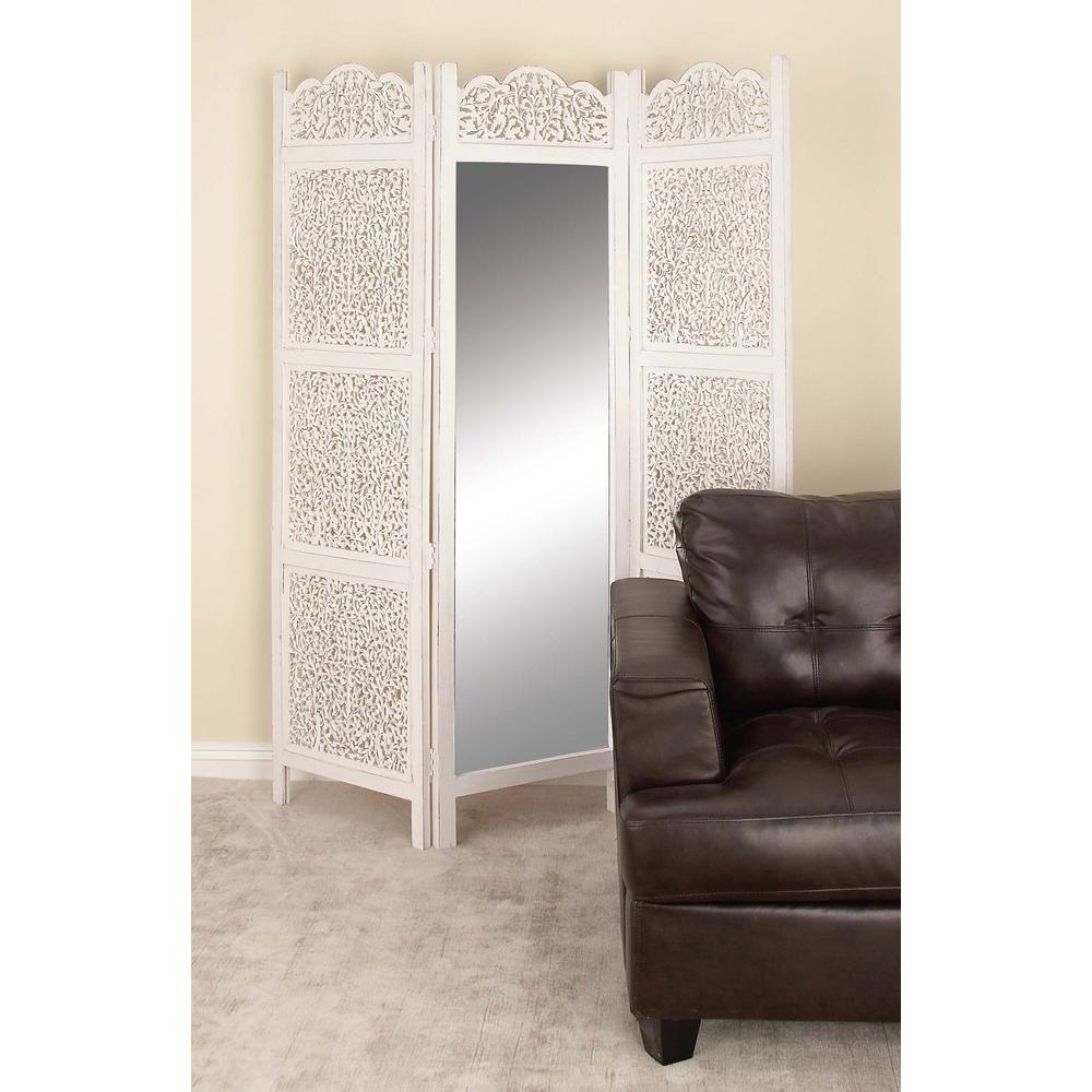 72 In X 60 Classic Wood And Mirror Three Panel Screen With Matte White Finish