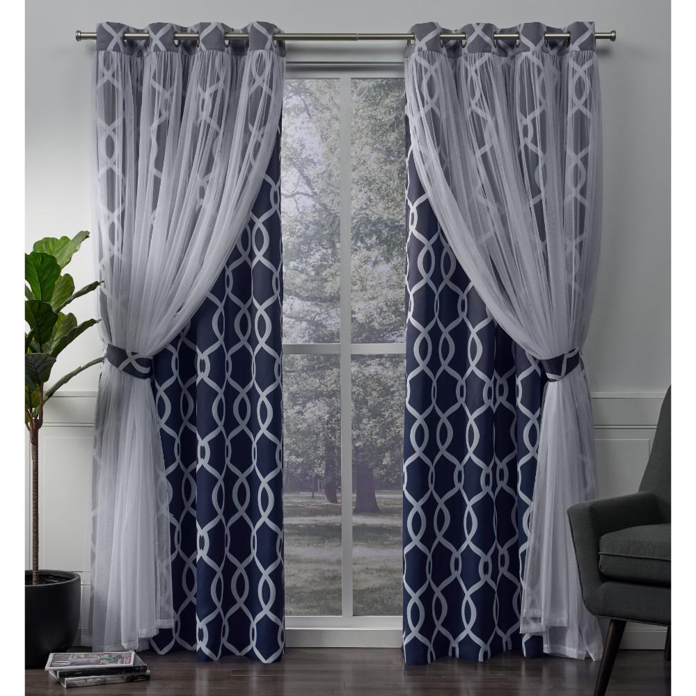 Carmela Indigo Layered Geometric Blackout and Sheer Grommet Top Window