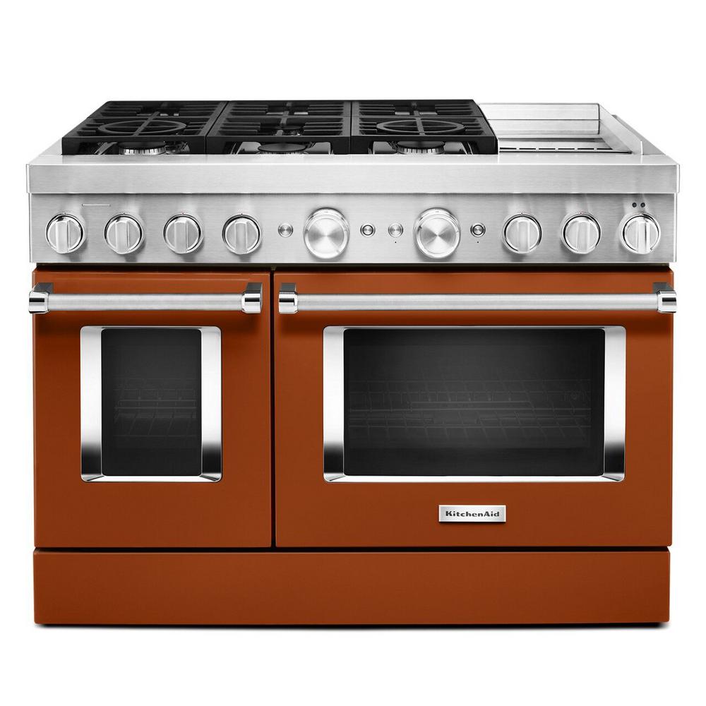 KitchenAid 48 in. 6.3 cu. ft. Smart Double Oven Dual Fuel Range with True Convection in Scorched Orange with Griddle For Sale