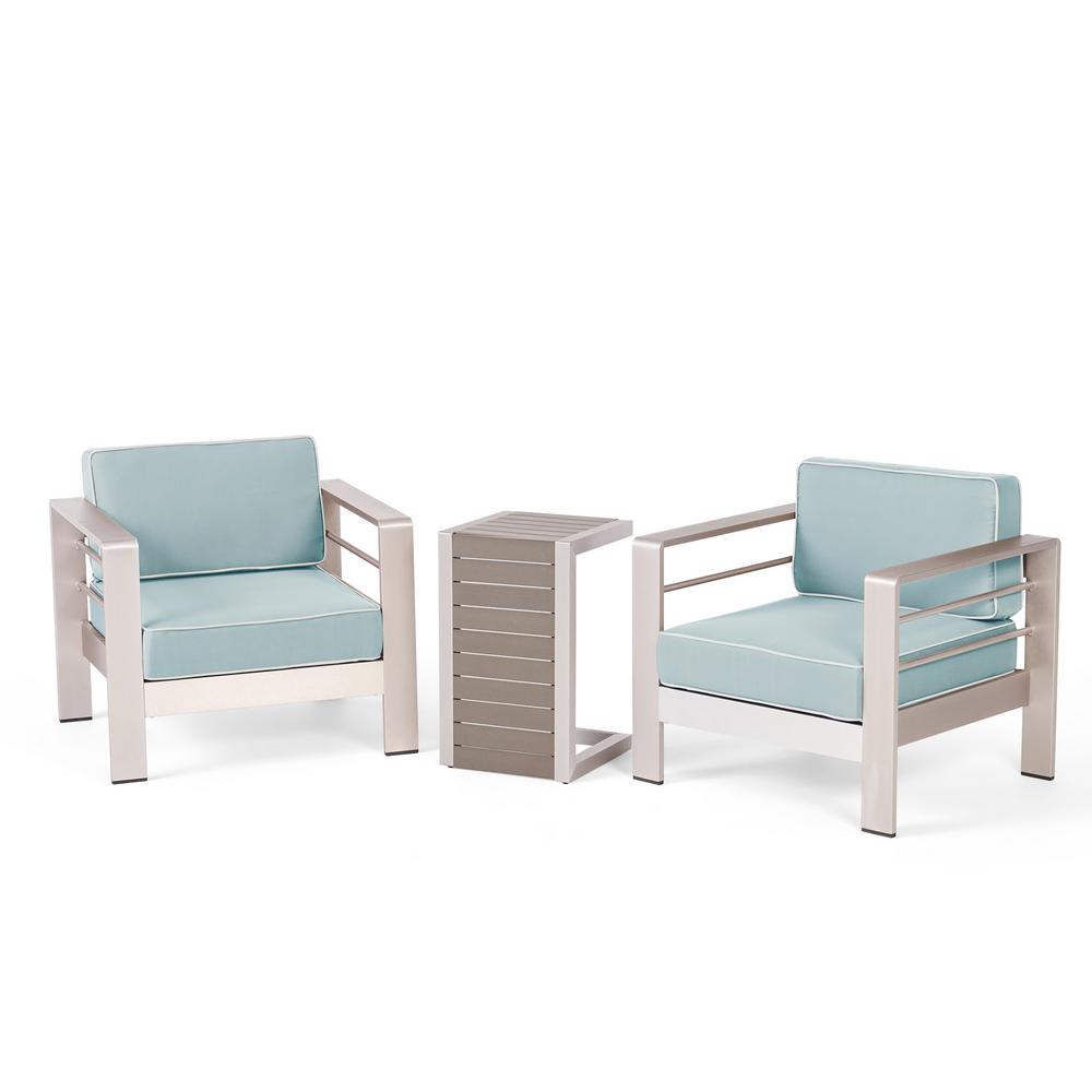 Noble House Cape Coral Silver 3 Piece Aluminum Patio Conversation Seating Set With Light Teal And White Corded Cushions 25176 The Home Depot