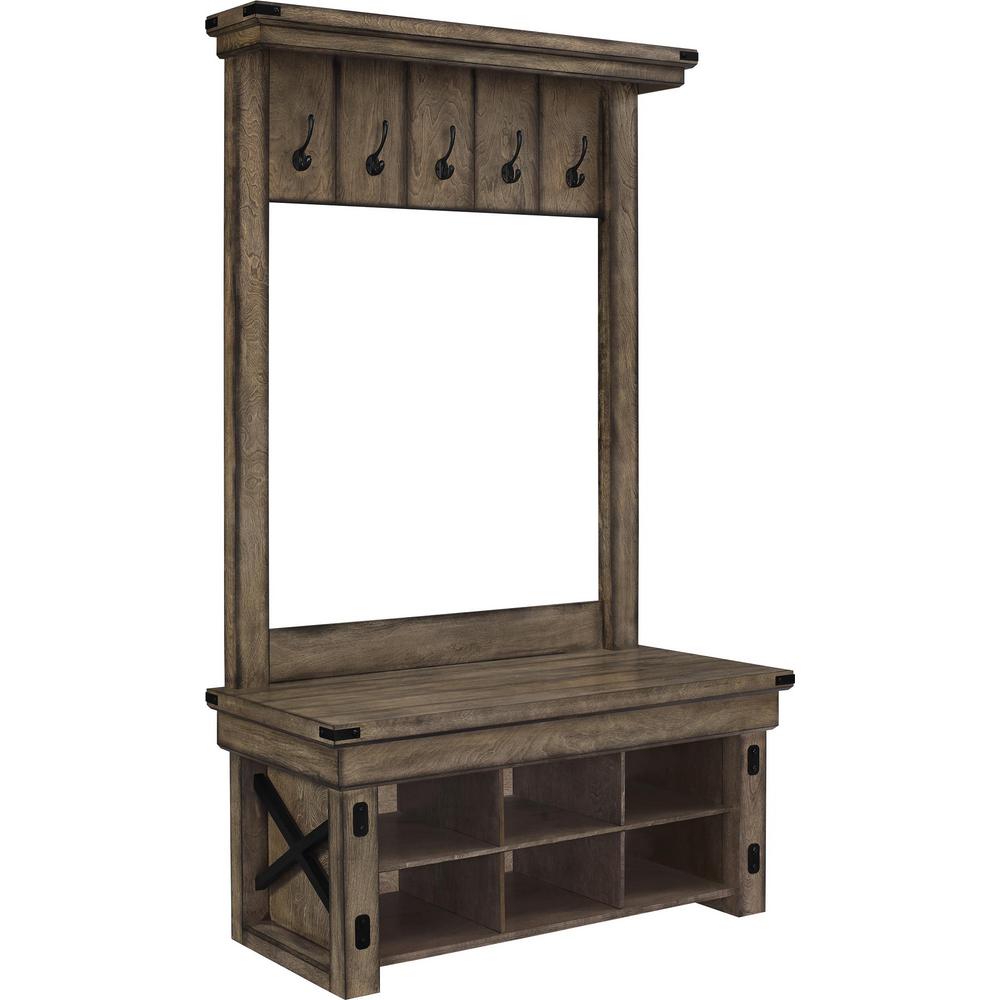 Hall Trees Entryway Furniture The Home Depot Forest Grove Rustic Gray Wood Veneer Entryway Hall Tree With Storage Bench