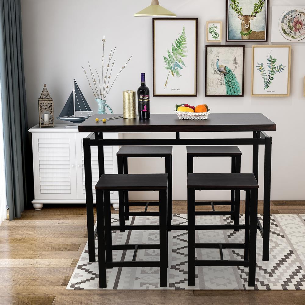 Espresso 5 Piece Dining Set Wood And Metal Pub Table With 4 Bar Stools