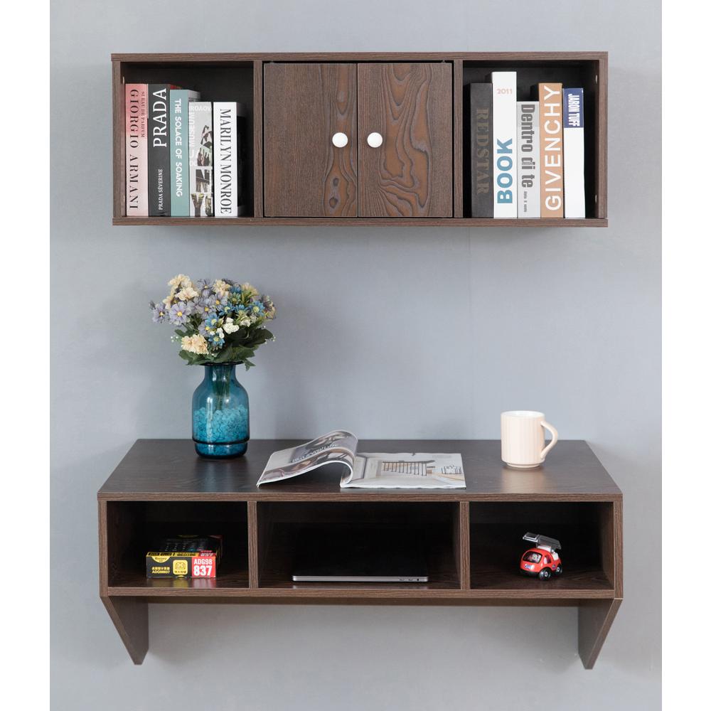 Basicwise Wall Mounted Brown Desk And Floating Hutch Office