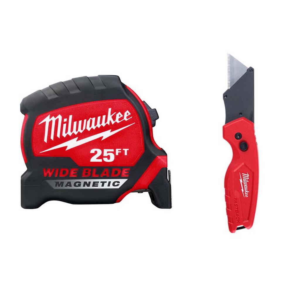 Milwaukee 25 ft. x 1.3 in. W Blade Magnetic Tape Measure with 14 ft. Standout with Fastback Compact Folding Utility Knife was $36.94 now $24.97 (32.0% off)