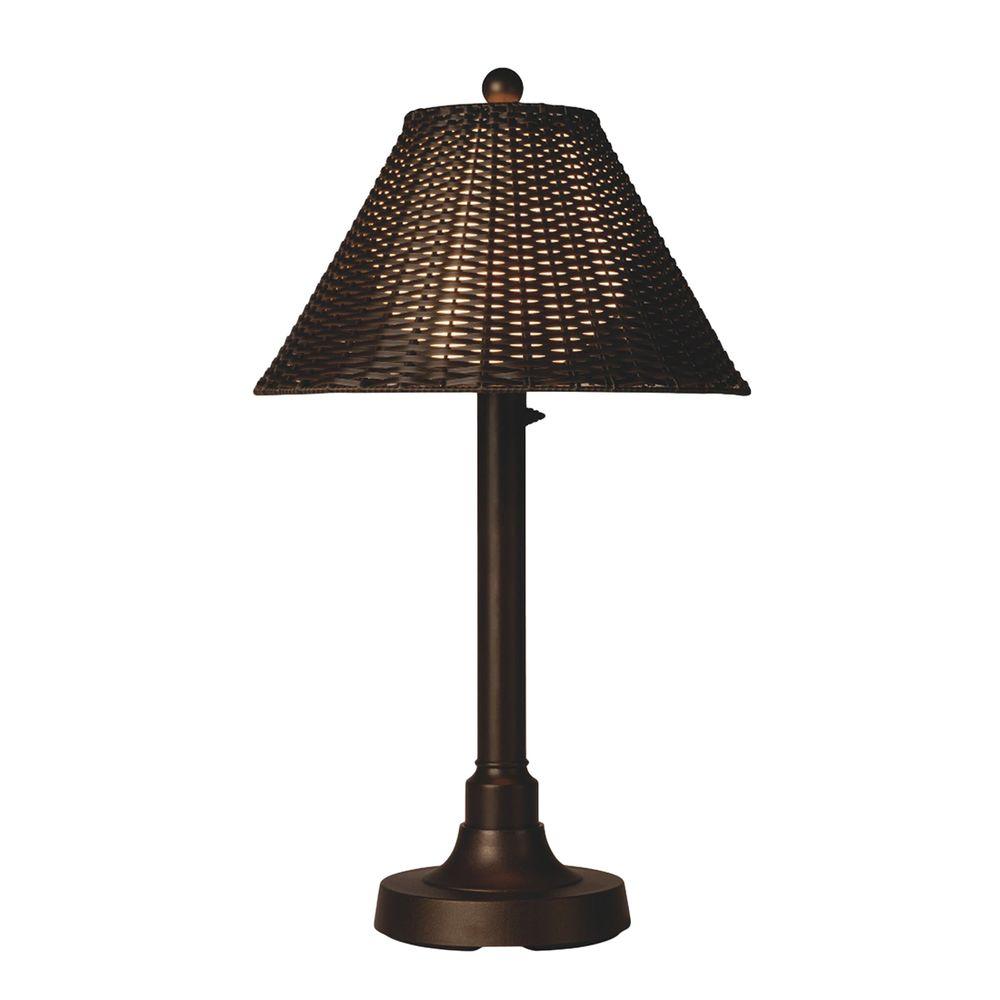 Plug In Rotary Table Lamp Outdoor Lamps Lighting Bronze Outdoor Table Lamp With Walnut Wicker Shade