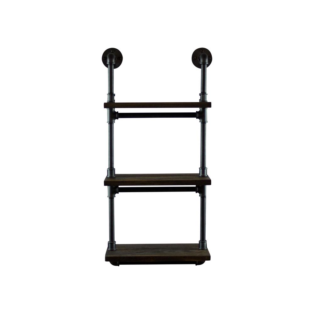 Juneau Farmhouse Black 3 Tiered Etagere Wall Pipe Shelf Rack Multipurpose Metal Reclaimed Wood