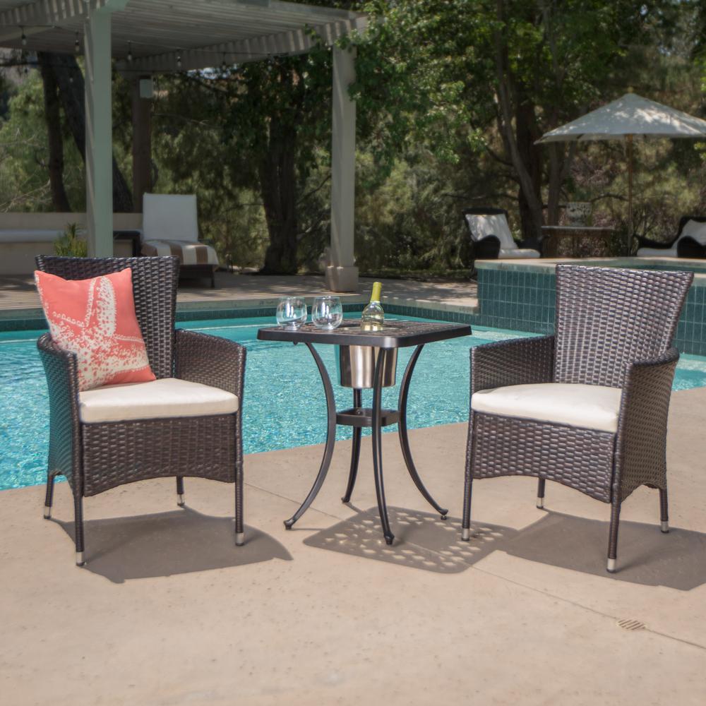 Bistro Sets Patio Dining Furniture The Home Depot Ava Brown 3 Piece Aluminum And Wicker Square Outdoor Bistro
