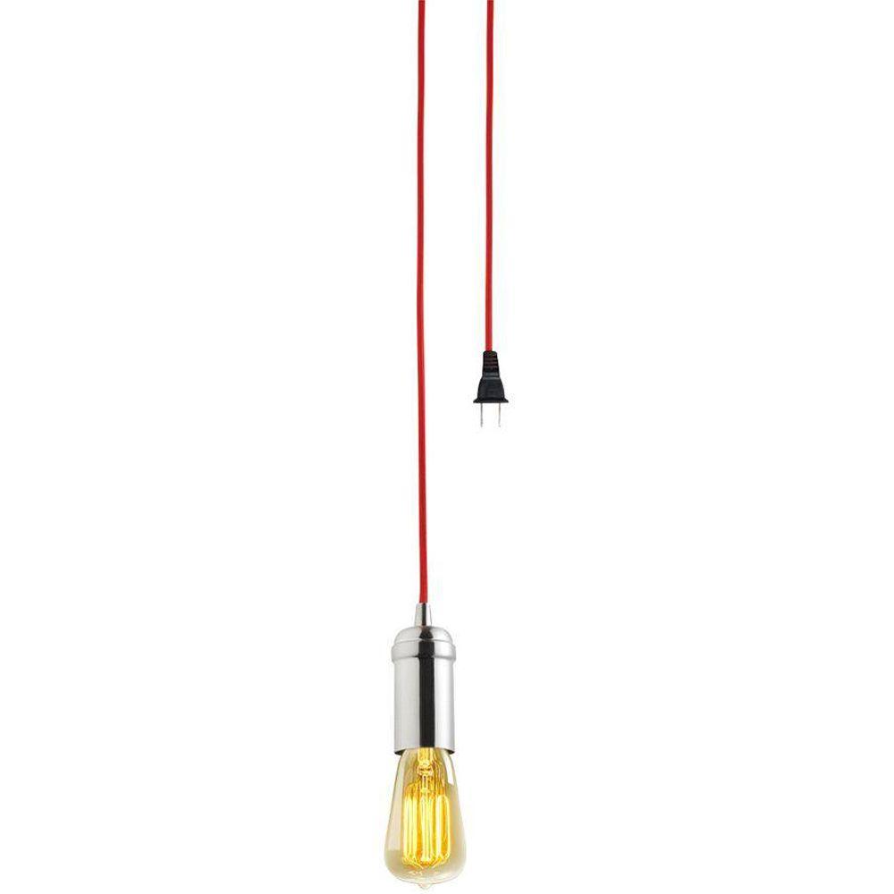 Globe Electric 1 Light Brushed Steel Vintage Plug In Hanging Socket Globe Electric 1 Light Brushed Steel Vintage Plug In Hanging Socket Pendant With Red