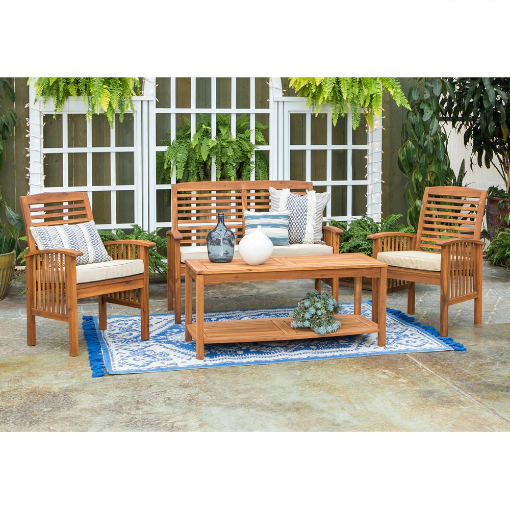 Walker Edison Furniture Company 4 Piece Acacia Wood Light Brown Outdoor Chat Set With White Cushions Hdw4sbr The Home Depot