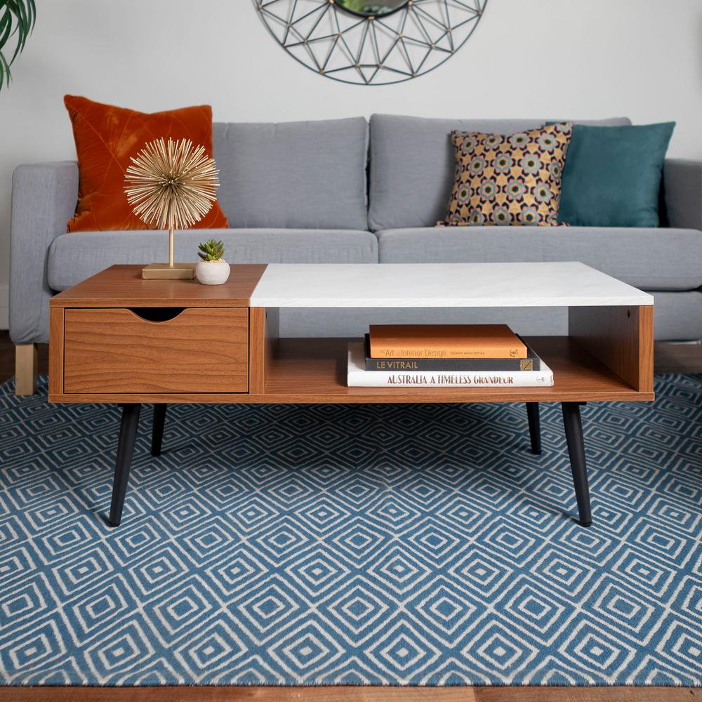 Walker Edison Furniture Company Pecan Wood And Faux Marble Coffee Pecan Wood And Faux Marble Coffee Table
