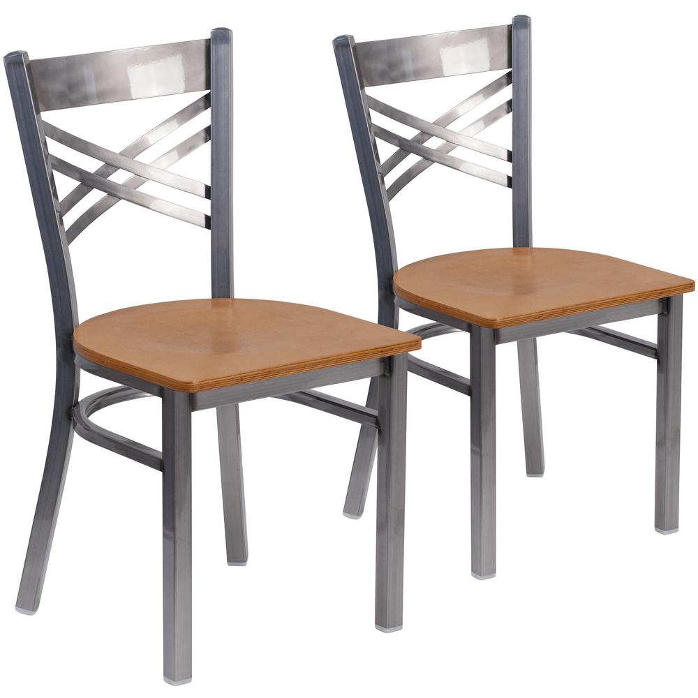 Natural Wood Seat Clear Coated Metal Frame Restaurant Chairs Set Of 2