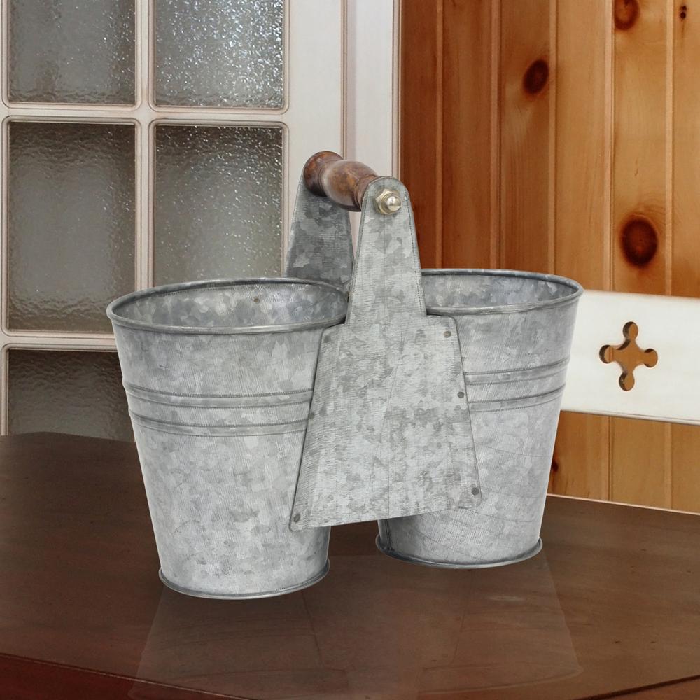 9 in x 7 in Antique Galvanized Double Bucket Wood Handle Planter Garden Decor eBay