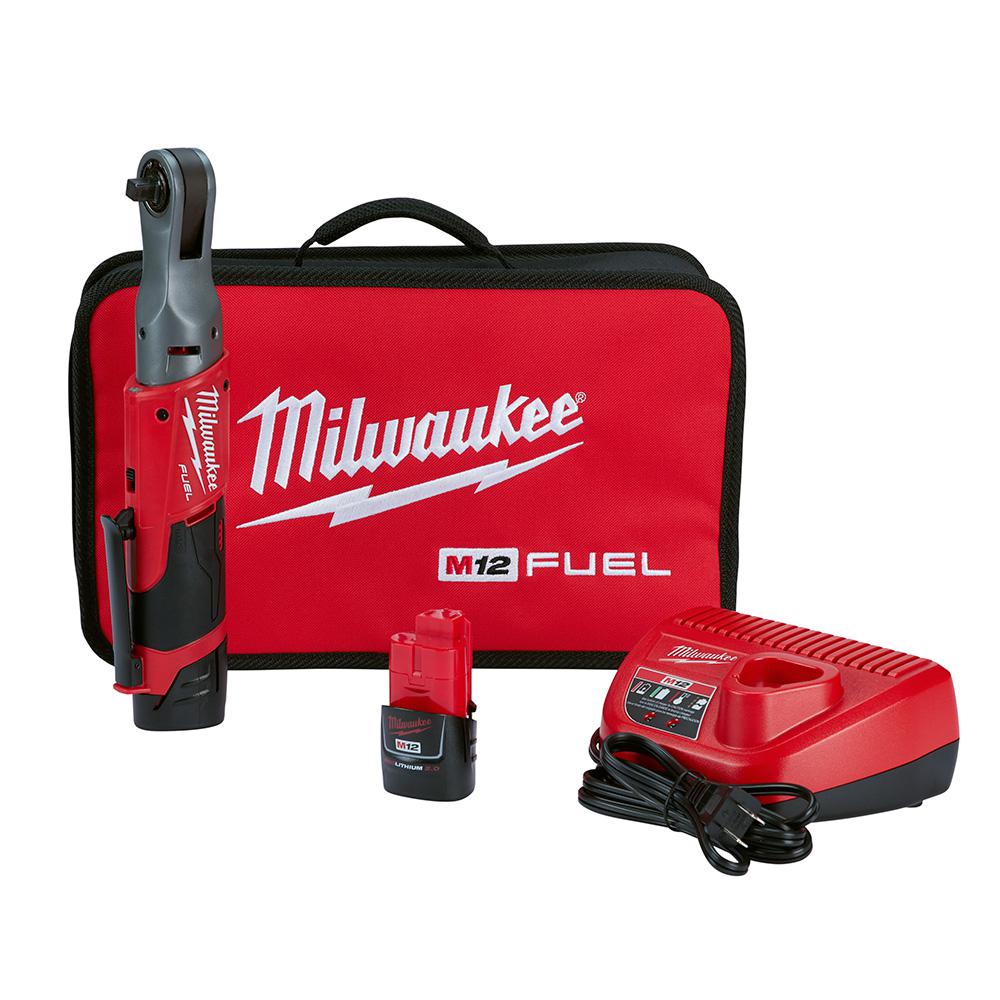 Milwaukee M12 Fuel 12 Volt Lithium Ion Brushless Cordless 3 8 In Ratchet Kit With 2 2 0ah Batteries Charger Tool Bag