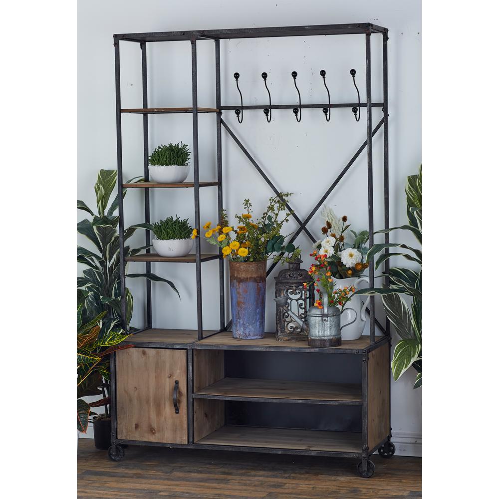 Brown Wooden Metal Clothes Rack with Multi-Tiered Compartments