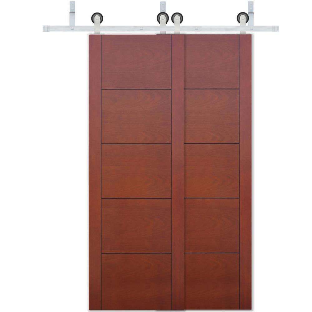 Pacific Entries 48 In X 80 Bypass Prefinished 5 Panel Flush 48 In X 80 Bypass Prefinished 5 Panel Flush Gany Wood Sliding Barn Door With Stainless Steel Hardware Kit