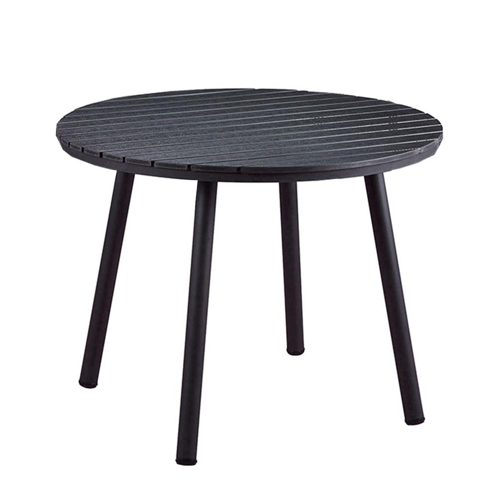 Modern Contemporary 39 In Round Faux Wood Slatted Indoor And Outdoor Black Steel Dining Table Hd910 Table Bk The Home Depot