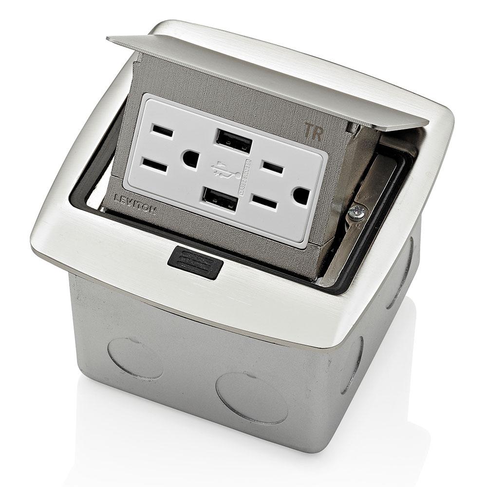 Slater Nickel 1-Gang Floor Box w//Tamper-Resistant Single Receptacle for Wood Sub