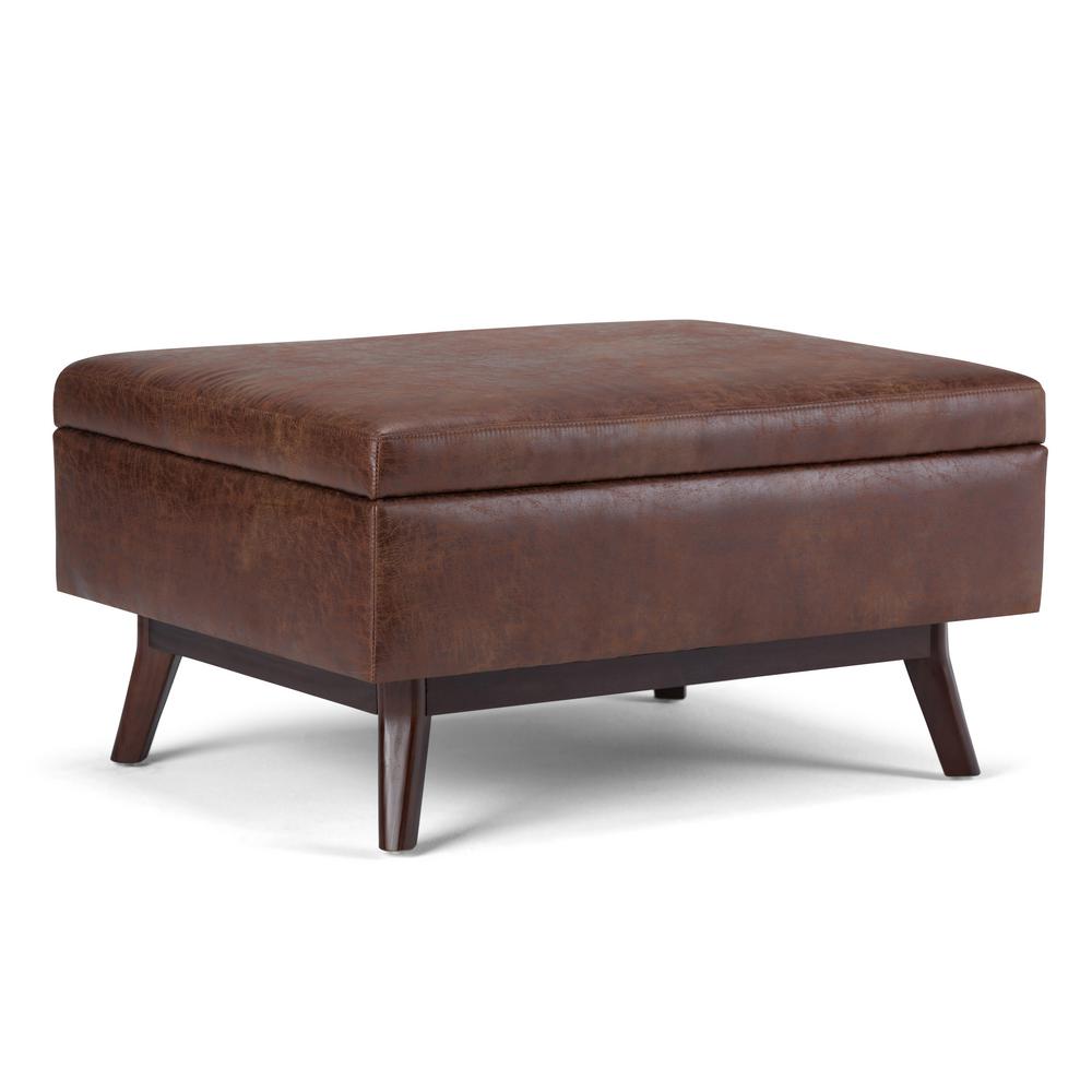 Simpli Home Owen Distressed Saddle Brown Air Leather Coffee Table Storage OttomanAXCOT267LDSB 