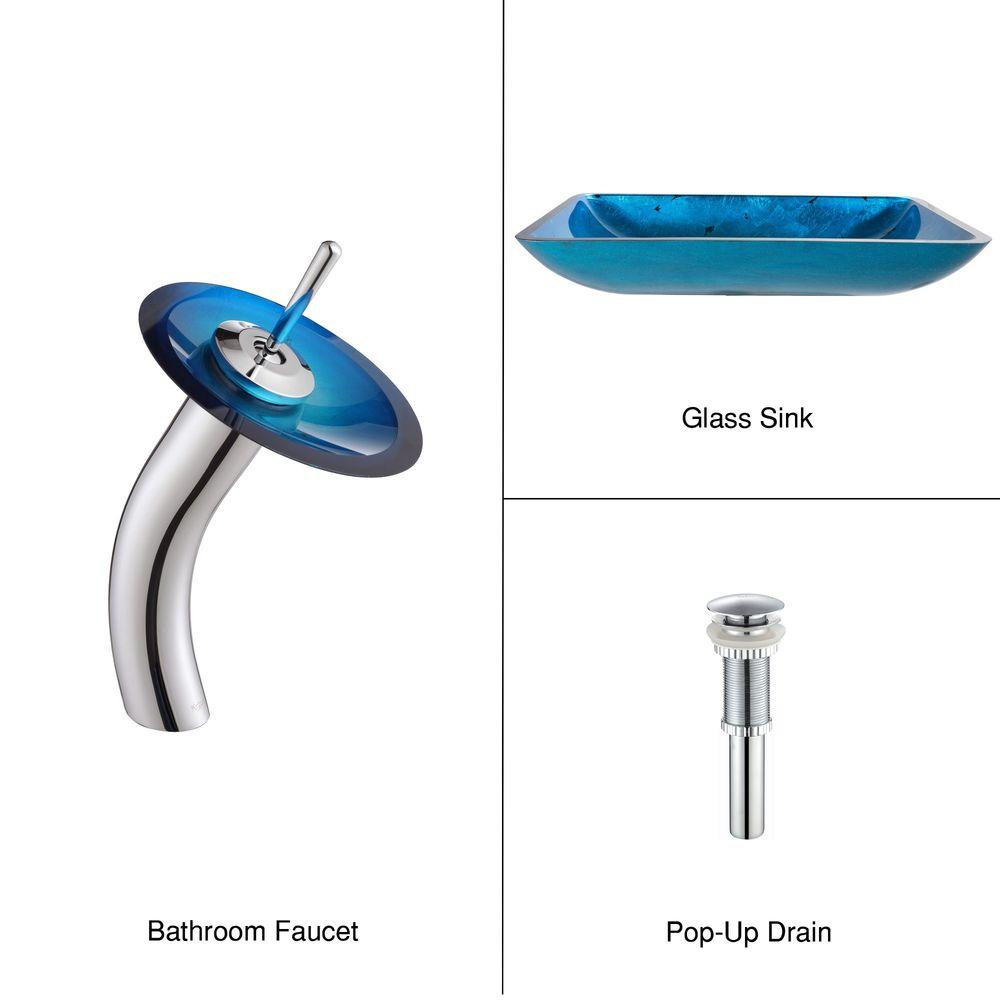 Rectangle Glass Kraus Vessel Sinks Bathroom The Home Rectangular Glass Vessel Sink In Irruption Blue With Single Hole Handle Low Arc Waterfall