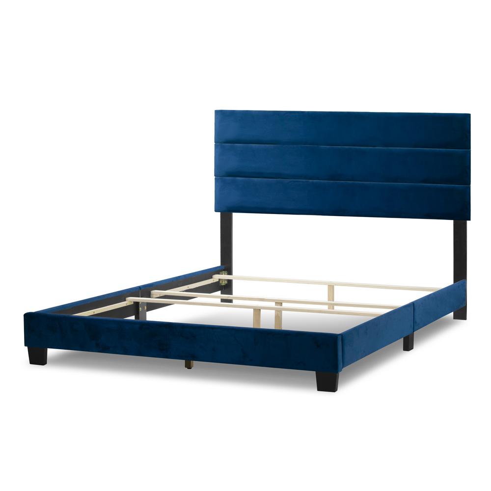 Glamour Home Aris Navy Blue Velvet Queen Bed with Line Stitching
