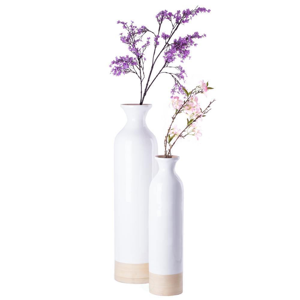 Uniquewise Glossy White Lacquer And Natural Bamboo Cylinder Shaped