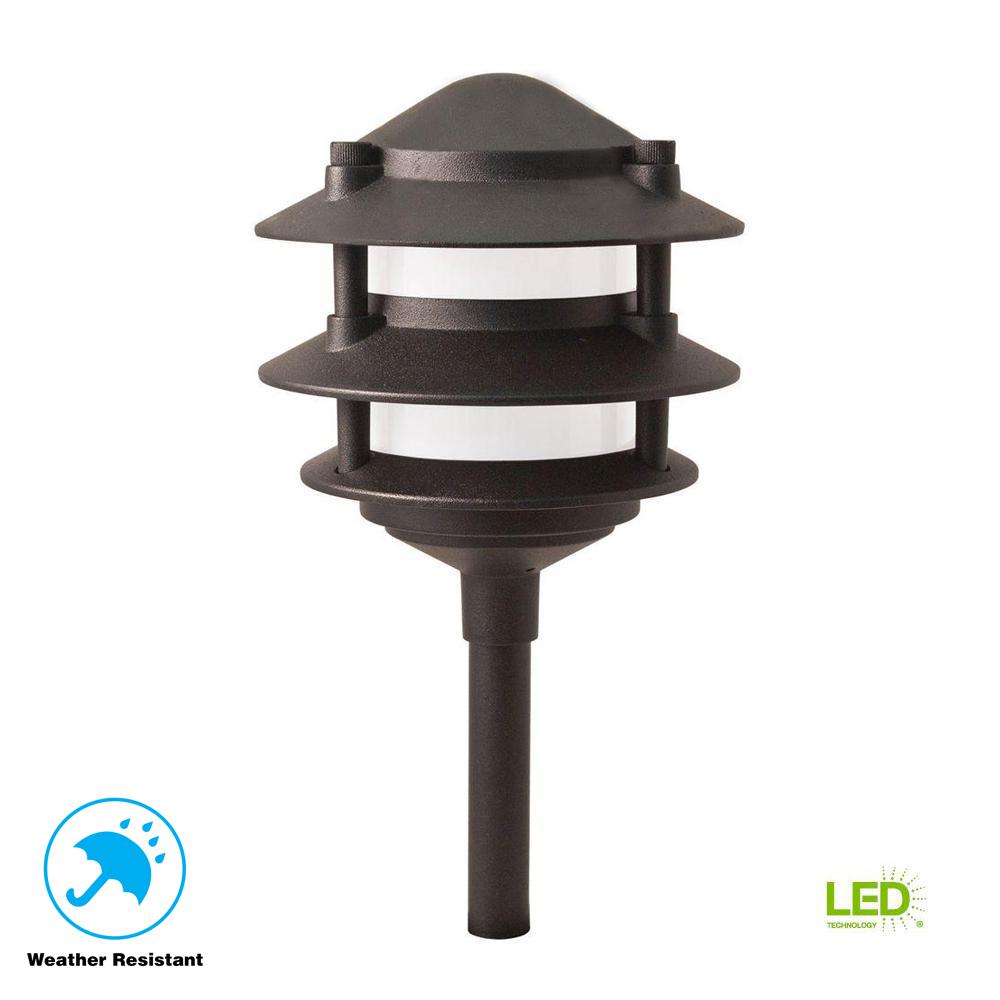 Hampton Bay Low-Voltage Black Outdoor Integrated LED 3-Tier Metal Landscape  Path Light