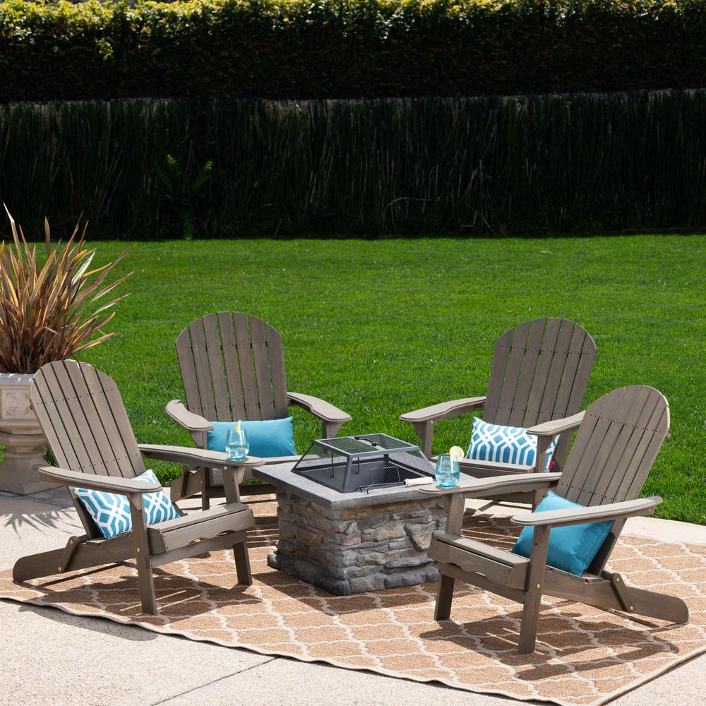 Noble House Vicky Grey 5 Piece Acacia Wood Stone Patio Fire Pit