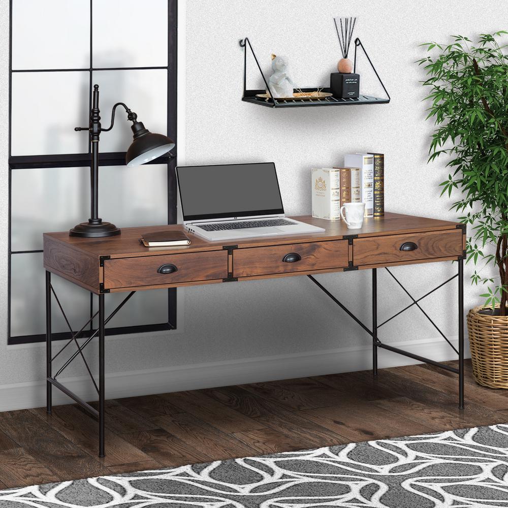 Unbranded 59 in. Rectangular Brown 3 Drawer Writing Desk with BuiltIn
