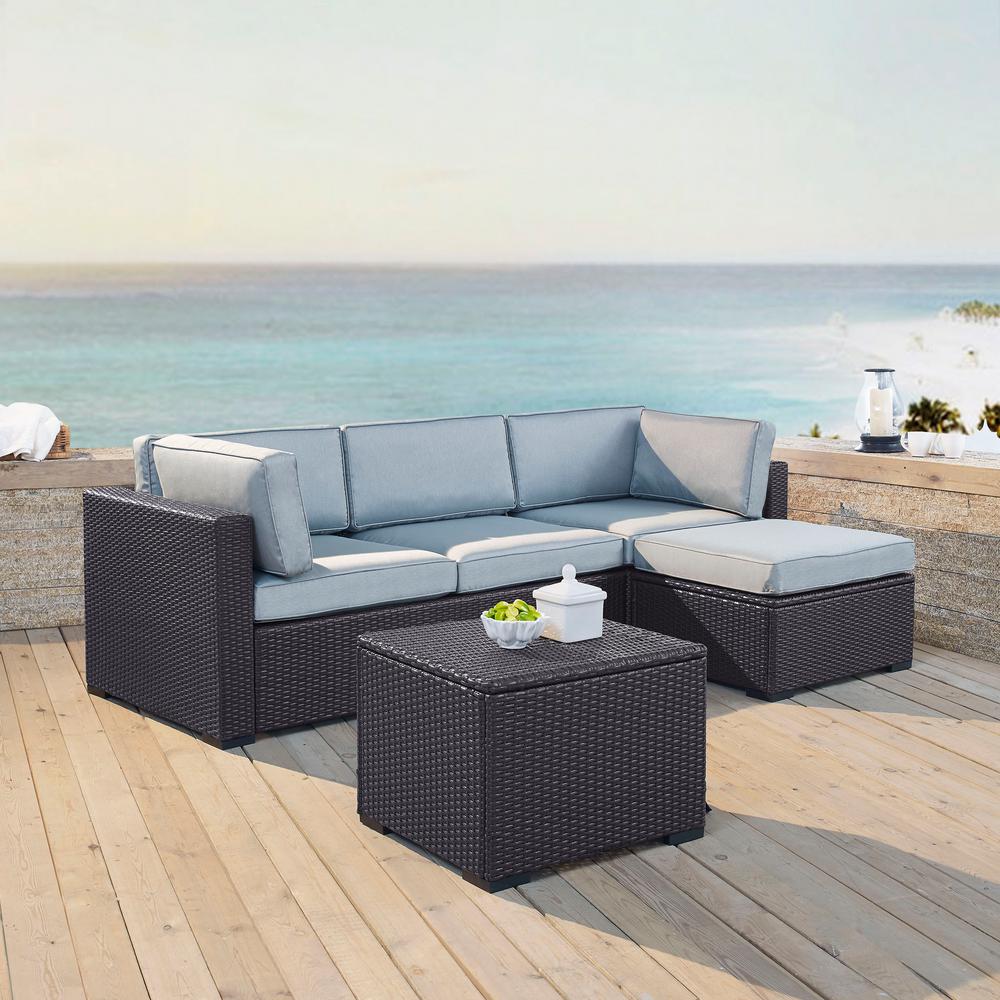 Crosley Biscayne 4 Person Wicker Outdoor Seating Set With Mist Cushions 1 Loveseat 1 Corner Chair Ottoman Coffee Table