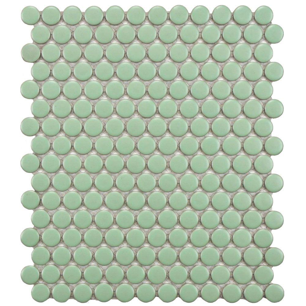 Green 4 Up Porcelain Floor Mosaic Tile The Home Depot Metro Penny Matte Light Green 9 3 4 In X 11 1