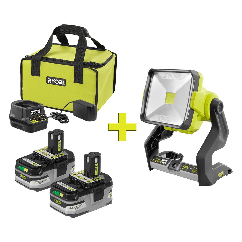 RYOBI 18-Volt ONE+ LITHIUM+ HP 3.0 Ah Battery (2-Pack) Starter Kit with Charger and Bag with Free ONE+ 20-Watt LED Work Light