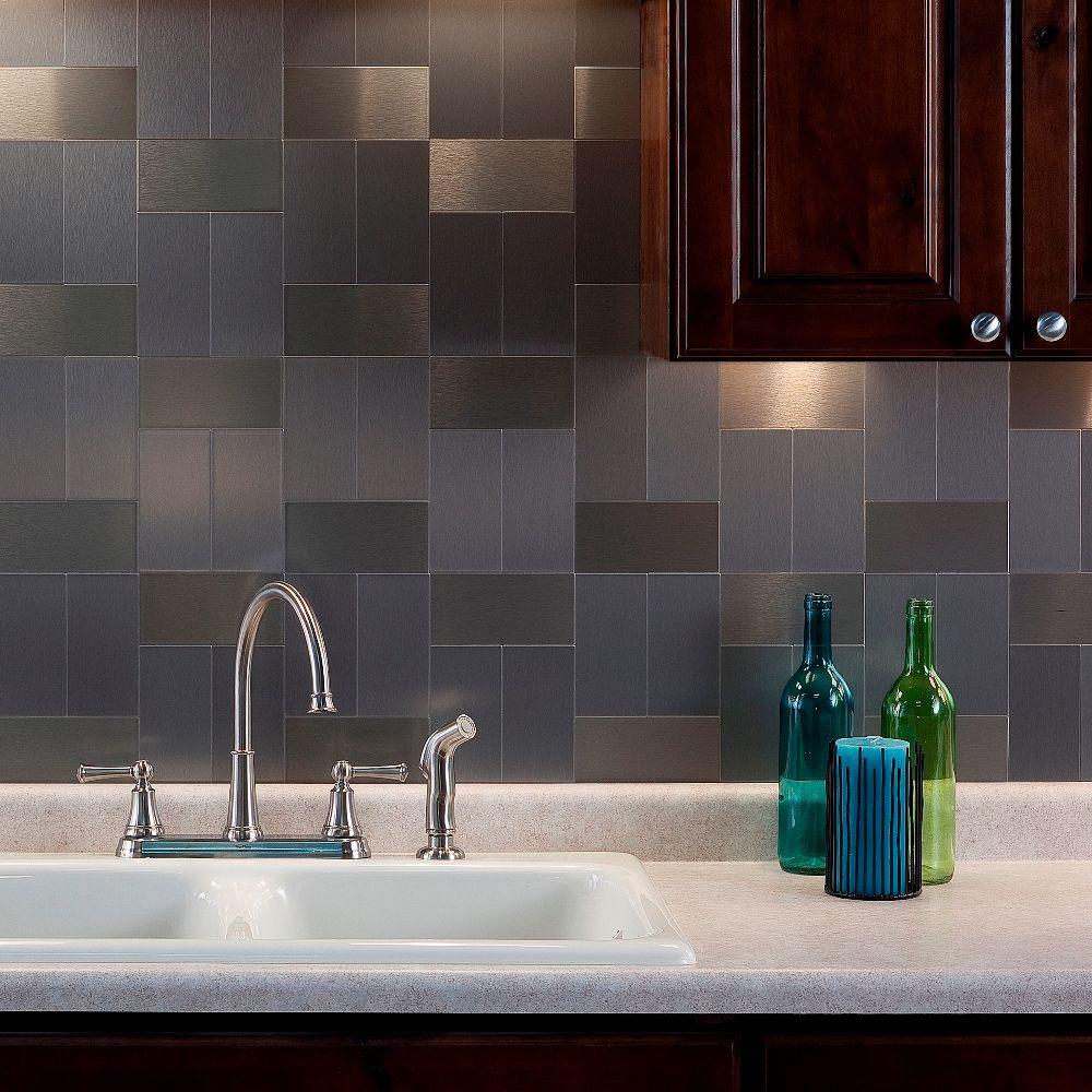 Aspect 24 In X 6 L And Stick Stone Decorative Backsplash Brushed Stainless Metal Decorative Tile Backsplash