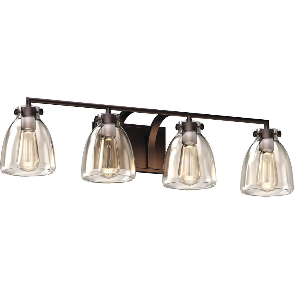 Volume Lighting 4 Light Indoor Antique Bronze Bath Or Vanity Light Bar Wall Mount Or Wall Sconce W Clear Glass Jar Bell Shades V3314 79 The Home Depot