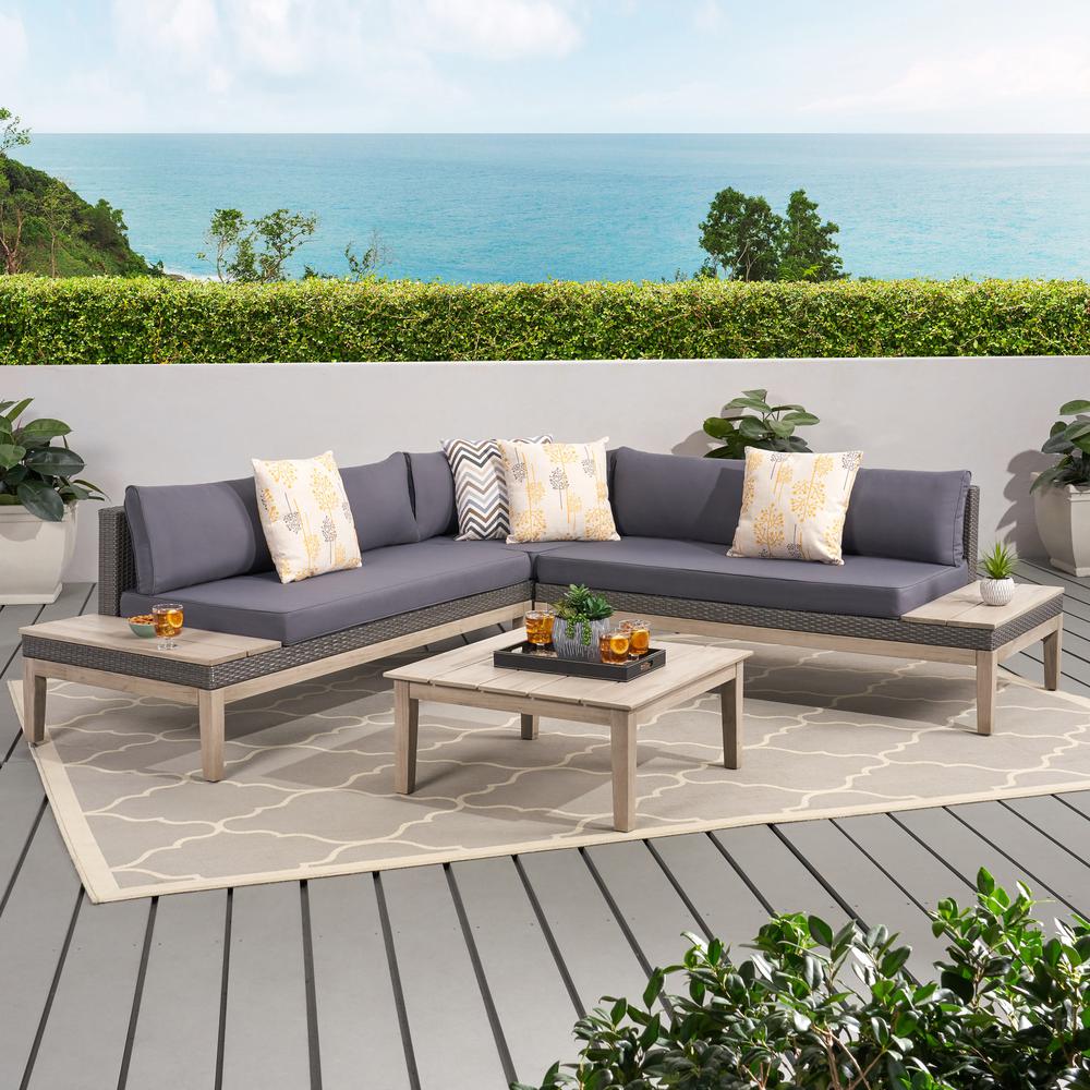 Noble House Loft Light Grey 4 Piece Wicker Patio Conversation Sectional Seating Set With Dark Grey Cushions 70374 The Home Depot