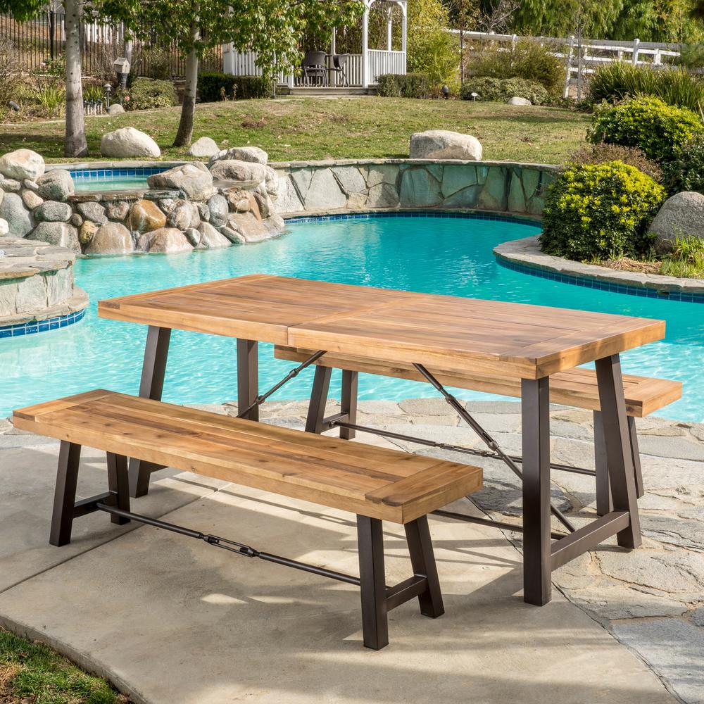 Noble House Catriona Teak 3-Piece Wood Rectangular Outdoor ...