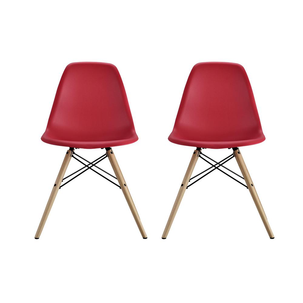 Red Plastic Side Chair Dining Chairs Kitchen Room Moorea Red Mid Century Modern Molded Chair With Wood Leg Set Of 2