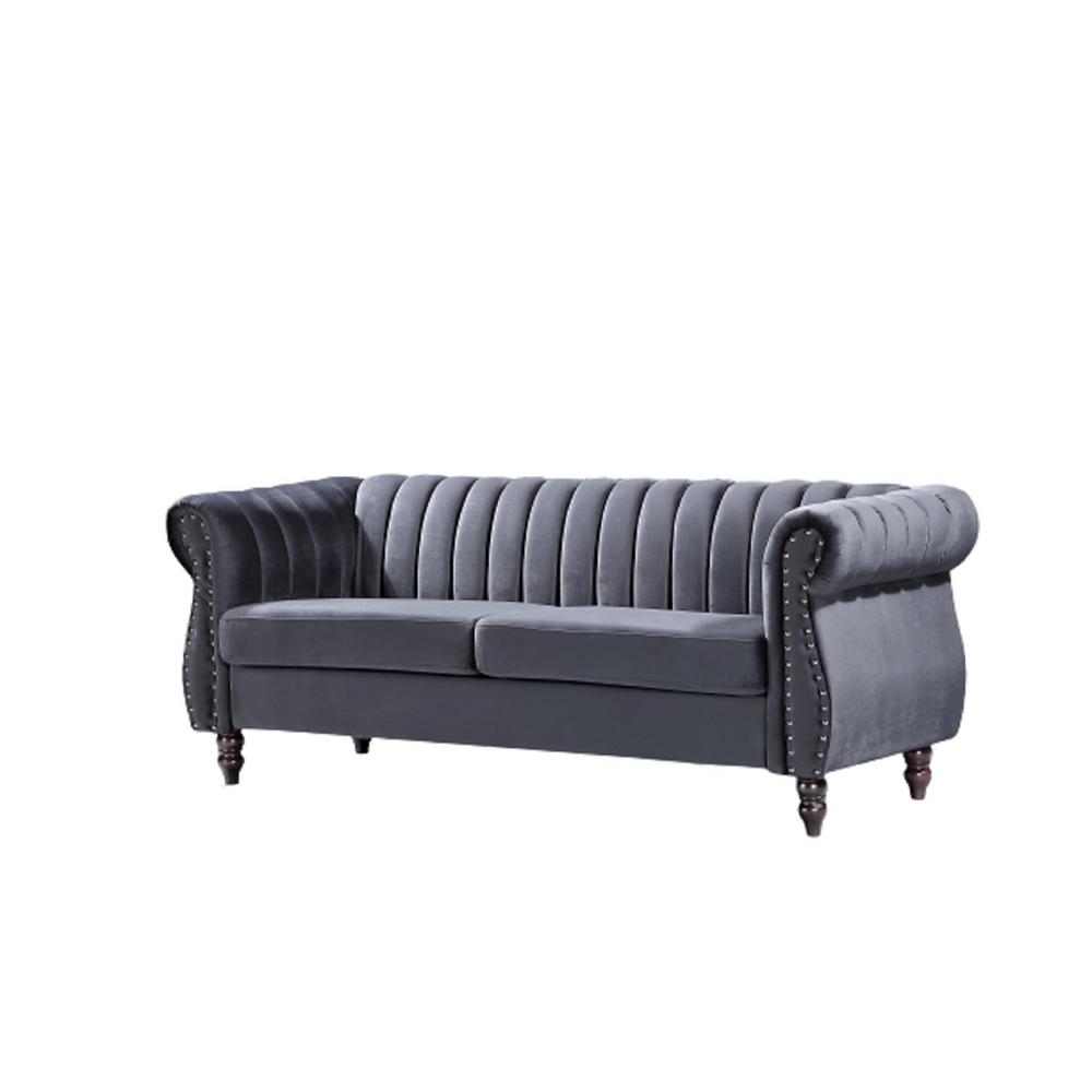 Us Pride Furniture Louis 76 4 In Grey Velvet 3 Seater Chesterfield Sofa With Nailheads S5646 S The Home Depot