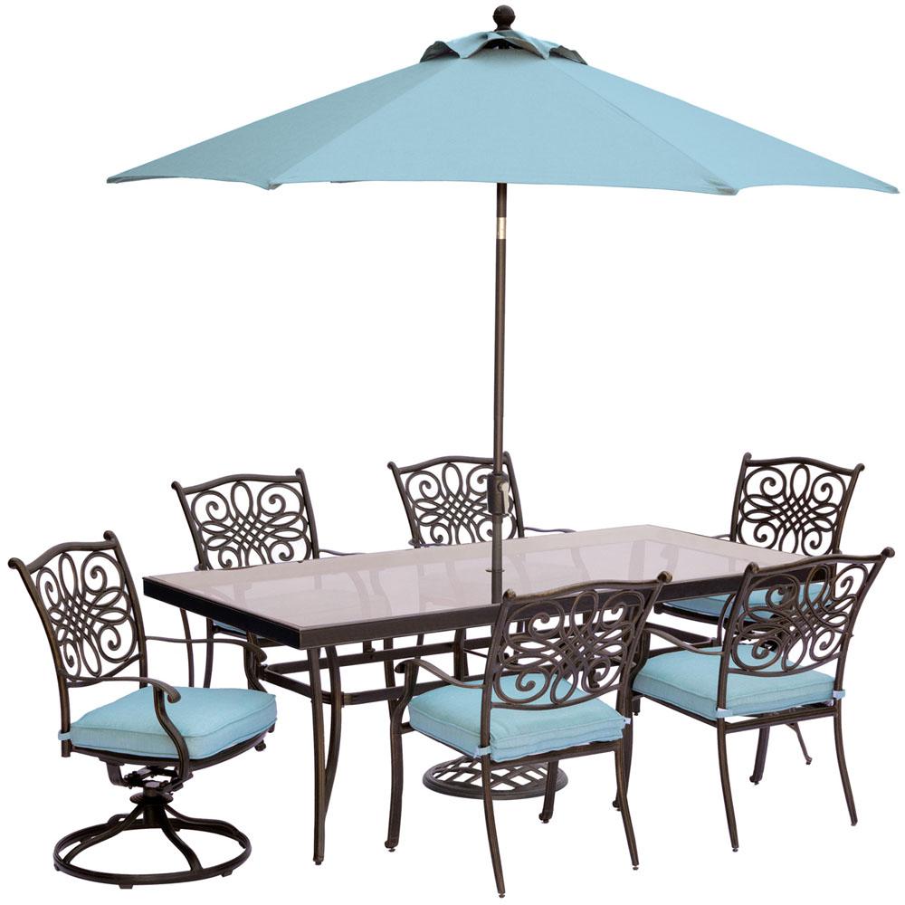 Hanover Traditions 7 Piece Outdoor Dining Set With Rectangular Glass Table 2 Swivels Umbrella And Base With Blue Cushions Traddn7pcsw2g Su B The Home Depot