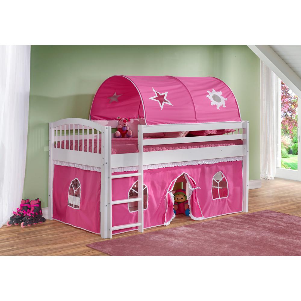 pink bunk bed with desk