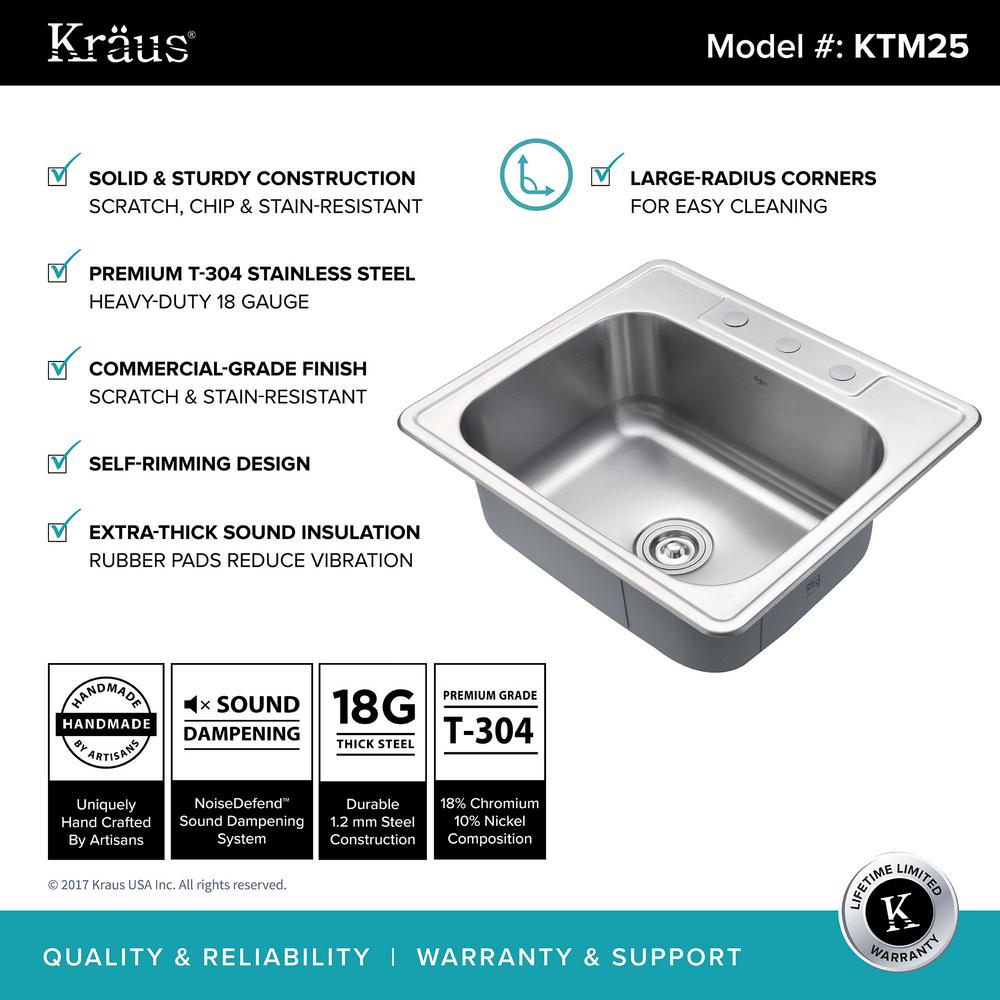 Kraus Drop In Stainless Steel 25 In 3 Hole Single Bowl Kitchen Sink Kit