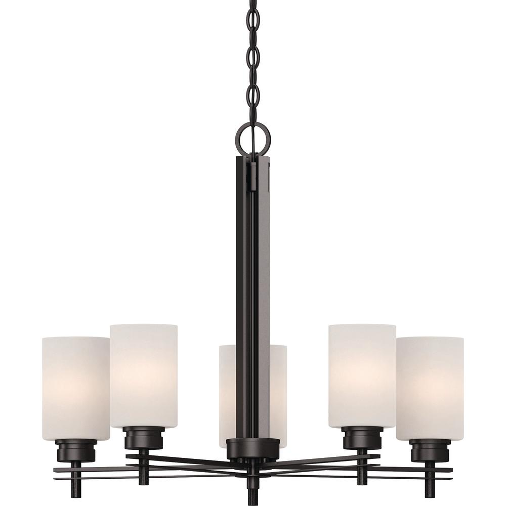 Volume Lighting Carena 5 Light Indoor Antique Bronze Hanging Chandelier With Etched White Cased Glass Cylinder Shades