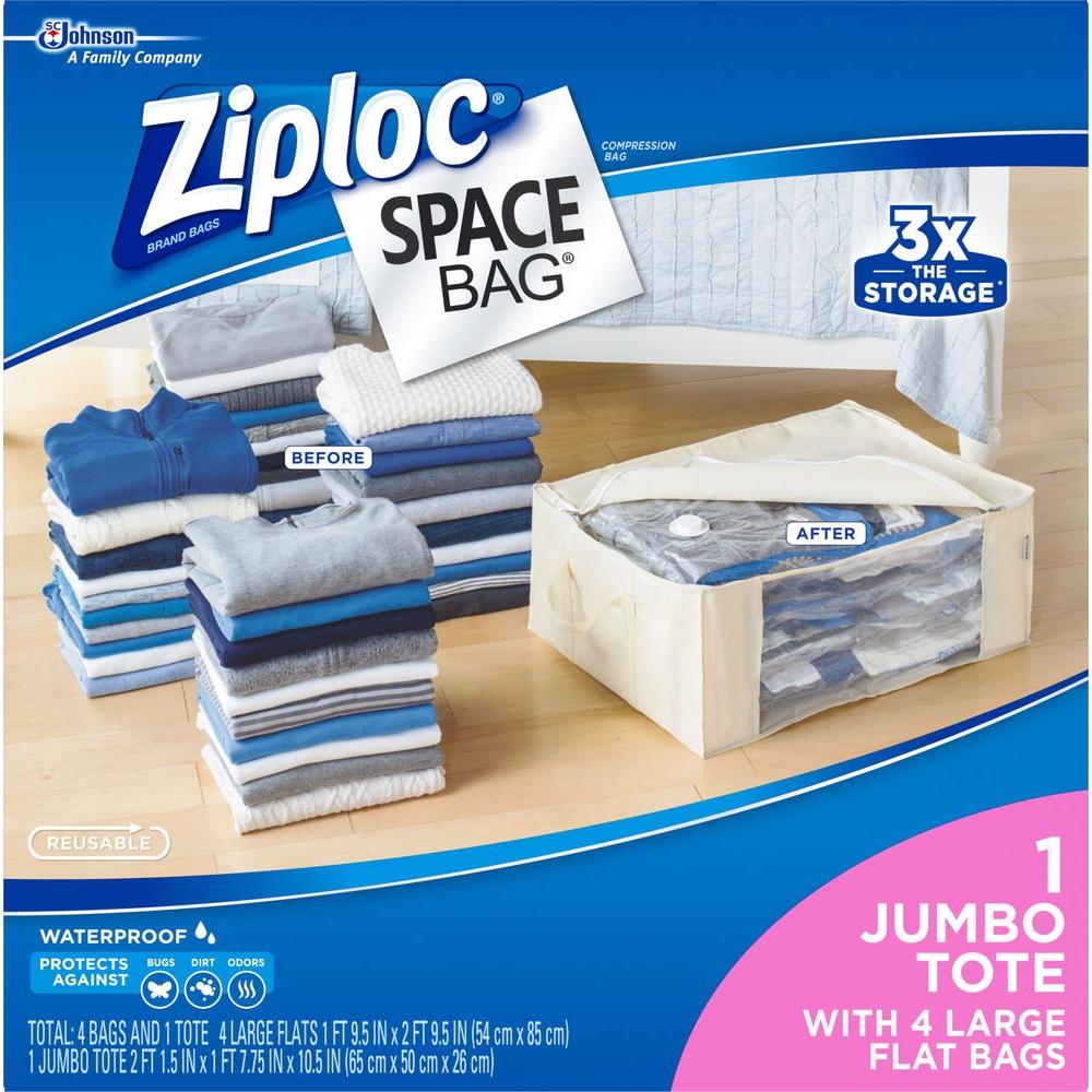 Ziploc Large Plastic 4 Large Flat Bags, 1 Underbed Tote, Space Bags 25