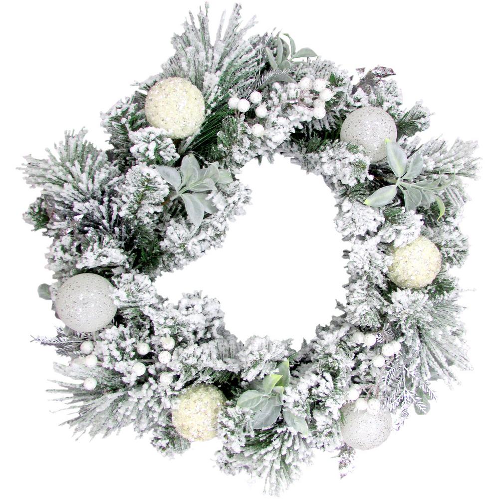 Photo 1 of 24 in. Artificial Christmas Wreath with Glitter Ornaments, Leaves and Berries