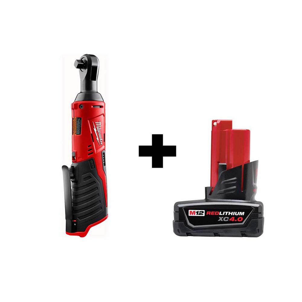 Milwaukee M12 12Volt LithiumIon Cordless 3/8 in. Ratchet with 4.0 Ah M12 Battery2457204811
