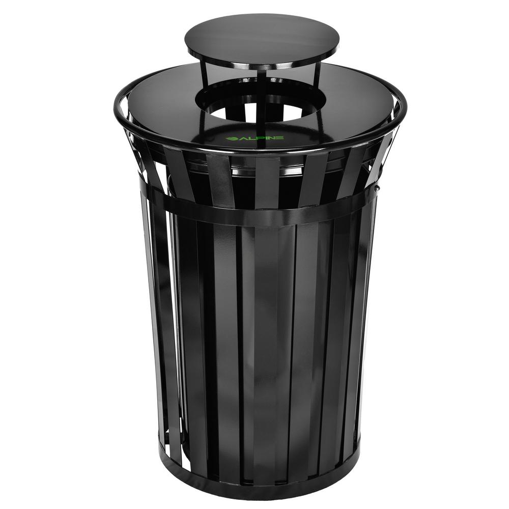 Alpine Industries 38 Gal. Black Metal Slatted Outdoor Commercial Trash Can Receptacle with Rain