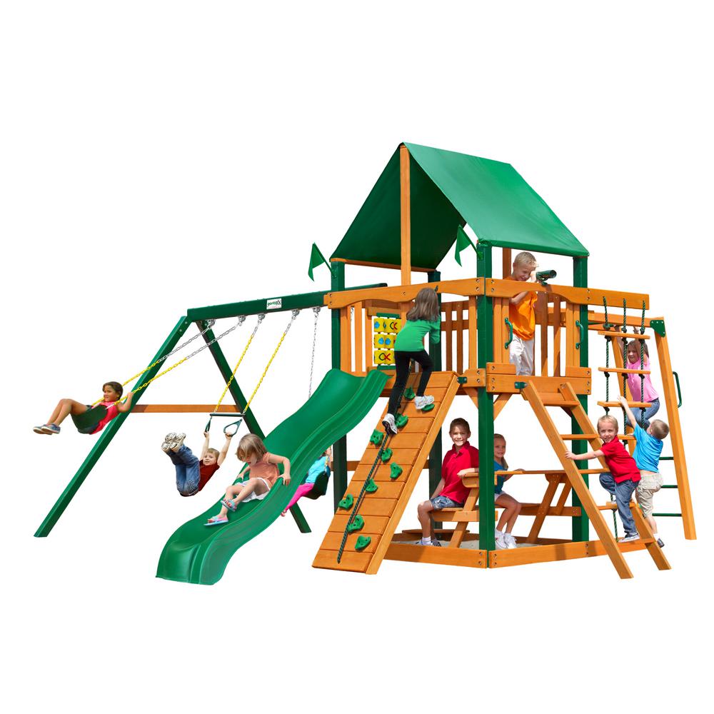 Gorilla Playsets Navigator Cedar Swing Set with Green Vinyl Canopy and Timber Shield Posts01