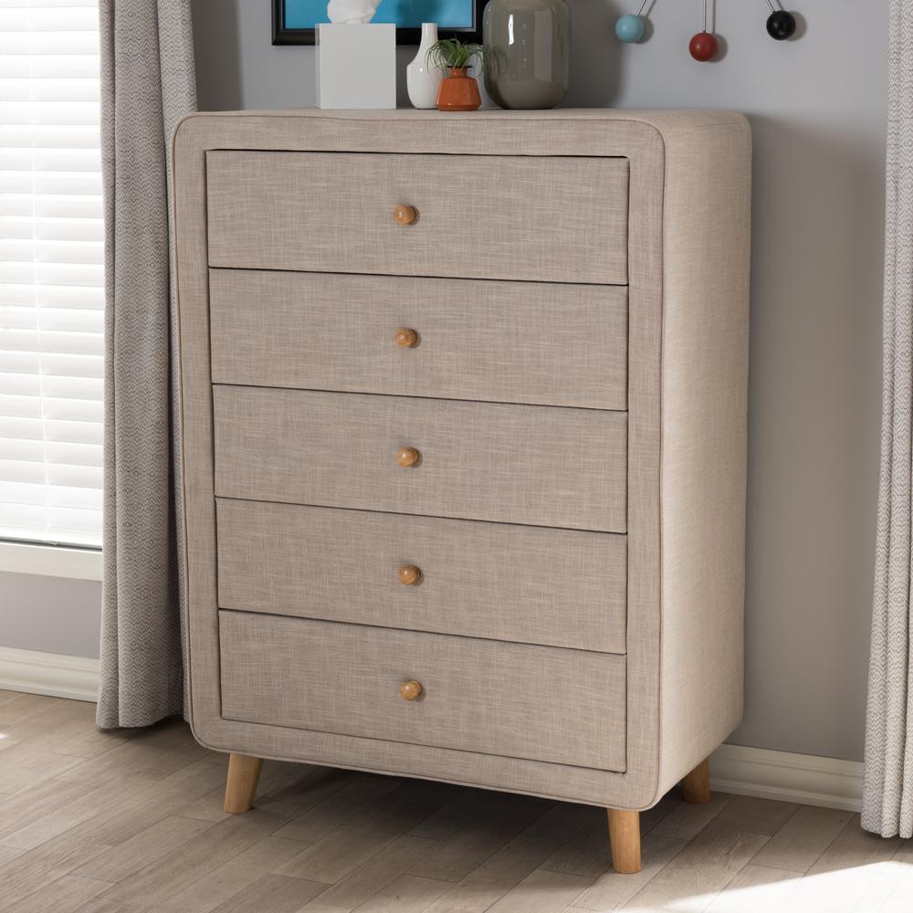 Baxton Studio Jonesy Mid Century 5 Drawer Beige Fabric Upholstered