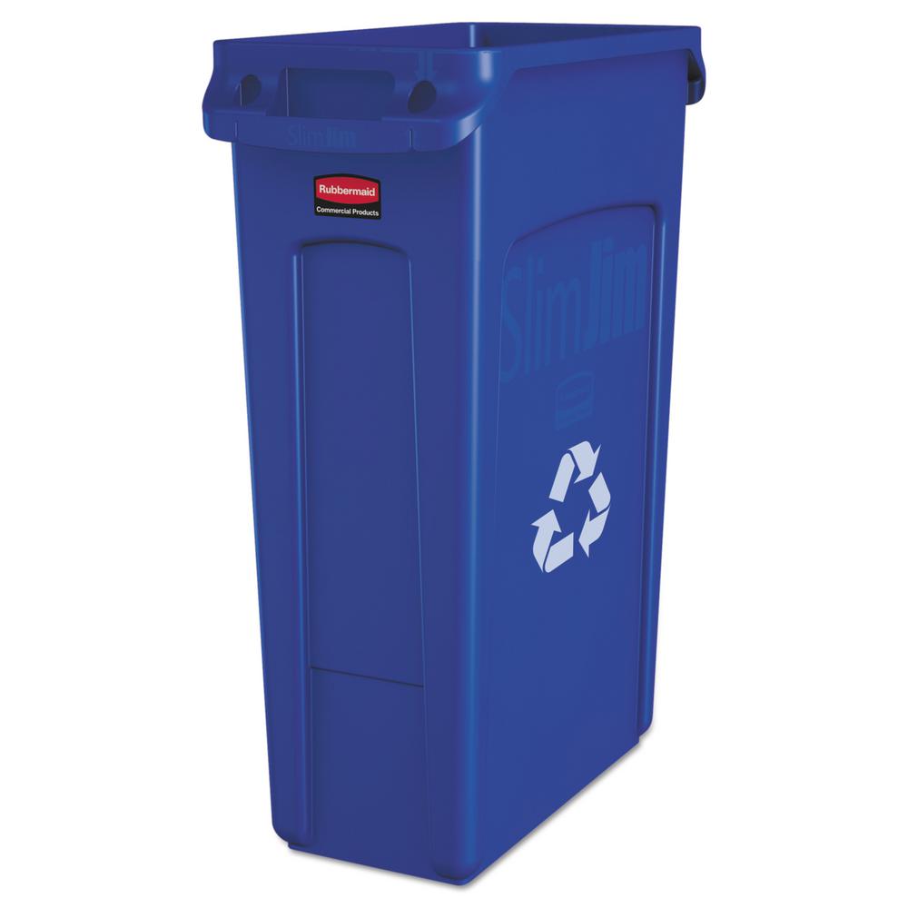 Rubbermaid Commercial Products Slim Jim 23 Gal Blue Plastic Recycling Container With Venting Channels Rcpbe The Home Depot